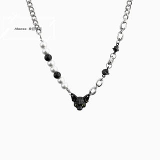 12A1951 |黑貓項鍊| 暗黑風小貓潮酷百搭玻璃珍珠拼接鎖骨鏈配飾