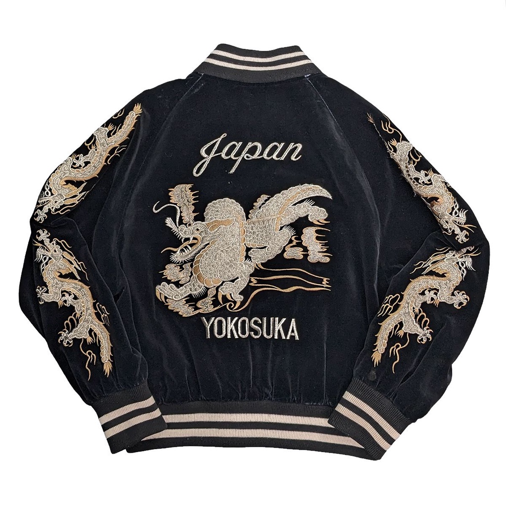 90's 日本 古著 黑絨布 龍 橫須賀刺繡外套