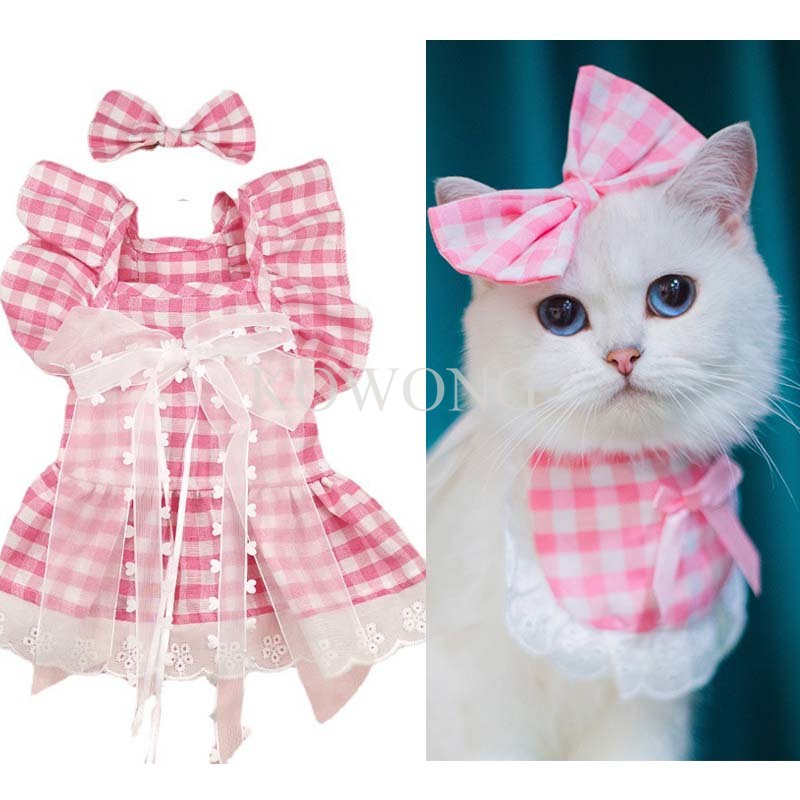 狗粉色連衣裙生日派對格子格子蝴蝶結蕾絲裙寵物衣服西施泰迪夏季連衣裙貓女裝