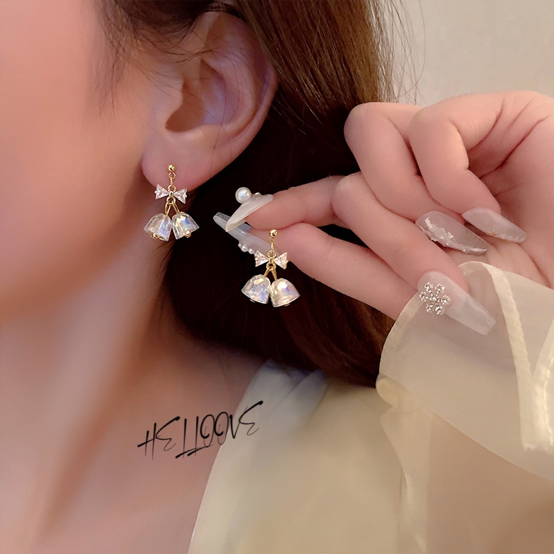 新款高級感925銀耳環輕奢水晶蝴蝶結鈴鐺耳環