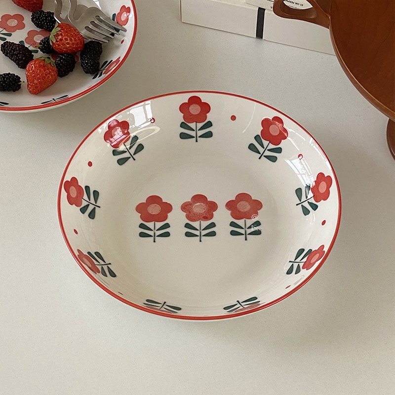 【Tutu】ins風 小紅花陶瓷餐盤 米飯碗 少女心 高顏值 花卉深盤 飯盤 家用早餐盤 優格碗