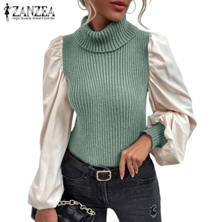 Zanzea 時尚女式針織毛衣高領泡泡長袖拼布休閒修身套頭衫套頭衫