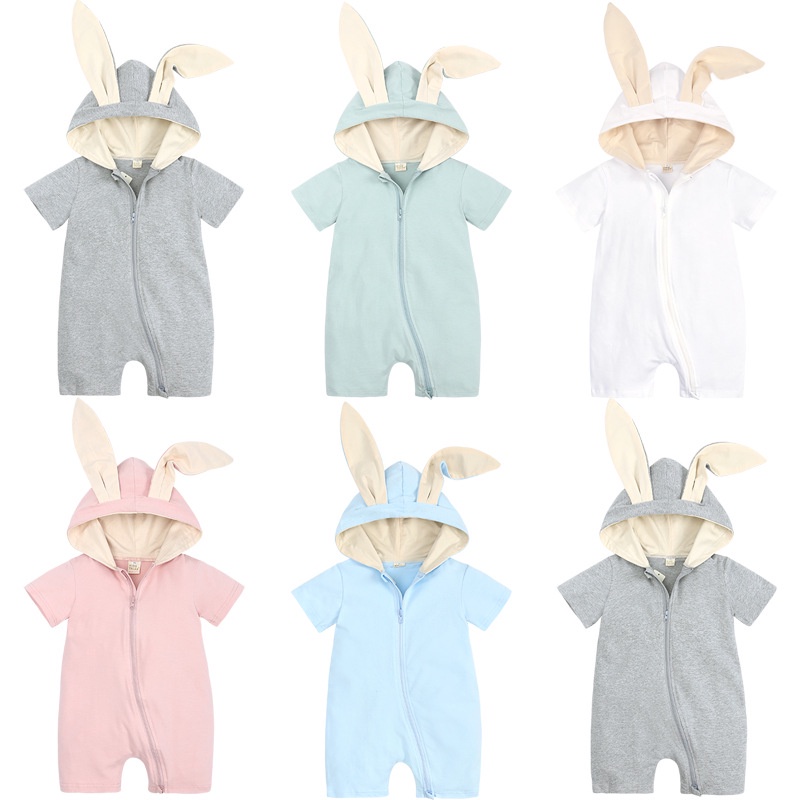 夏季嬰兒連體衣卡通兔耳朵連身衣 兒童短袖拉鍊 新生兒女孩和男孩連身衣 嬰兒包屁哈衣