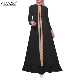 Zanzea 女士穆斯林時尚蕾絲長袖下擺假兩件設計連衣裙