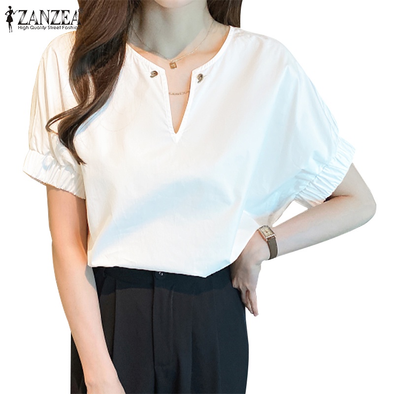 Zanzea 女式韓版日常短袖 V 領棉麻襯衫