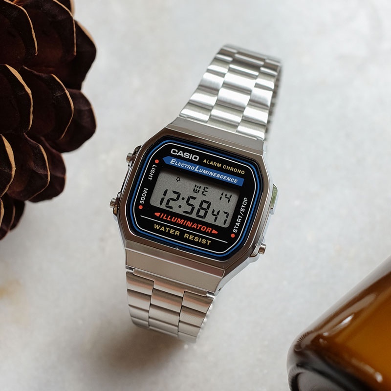 卡西歐男士數字手錶帶方形錶盤和高品質不銹鋼錶帶 A168