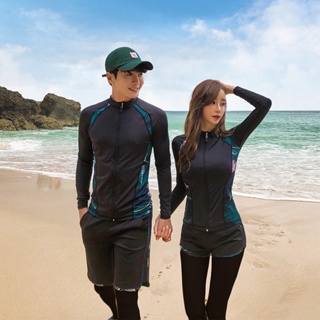親子裝潛水衣新款綠葉拼接色長袖泳裝拉鍊式防晒水母衣衝浪海邊度假