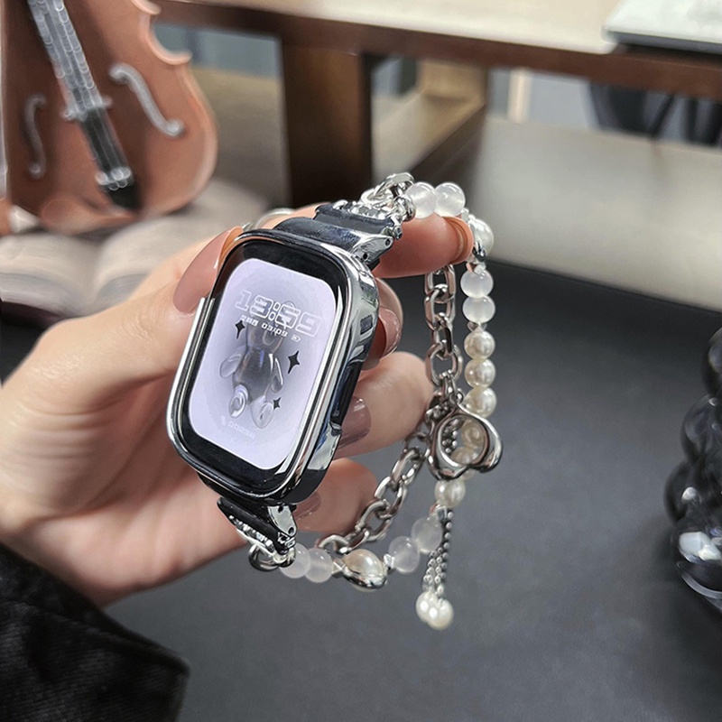 打結珍珠 + 尾鋼鏈適用於 Redmi Watch 3 2 Lite 智能手錶錶帶女士錶帶 Redmi Watch3 腕