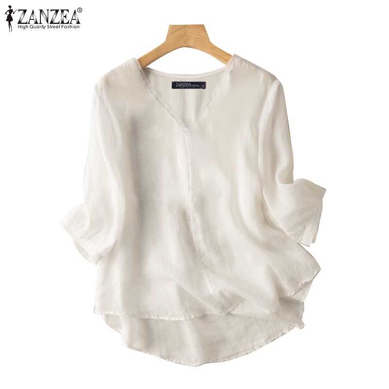 Zanzea 女式韓版姿勢 V 領三分袖蕾絲飾邊棉質襯衫