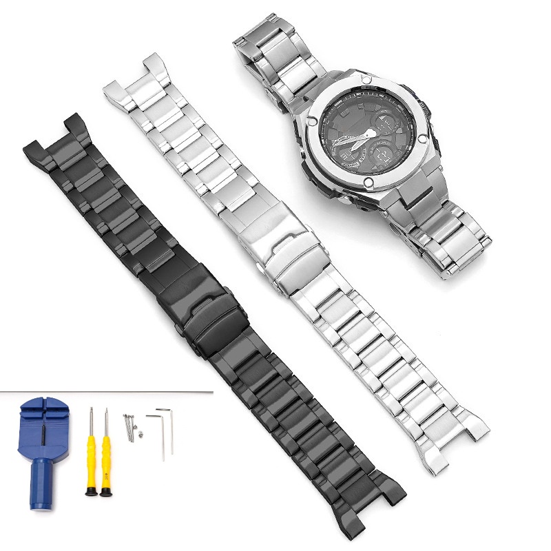 不銹鋼錶帶適用於卡西歐 GST W300 G 400G B100 S310 S120 S110 W110 錶帶黑色銀色手