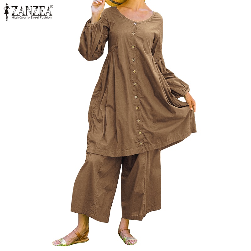 Zanzea 女式兩件式燈籠長袖上衣上衣+長褲彈力高腰休閒寬鬆套裝