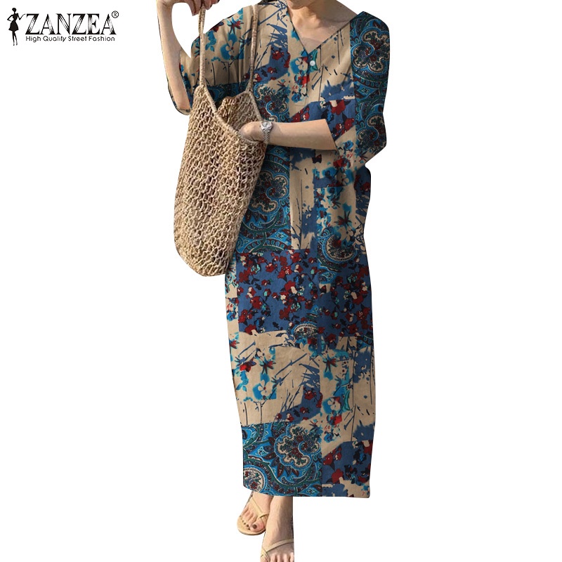Zanzea 女士韓國日常 3/4 袖 V 領印花落肩寬寬鬆長連衣裙