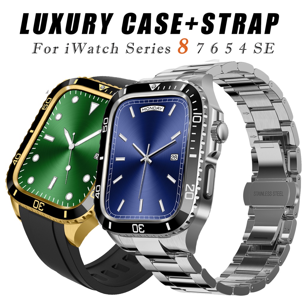 改裝套件不銹鋼金屬錶殼矽膠錶帶兼容 Apple Watch 8 7 6 SE 5 4 45 IWatch 系列 45mm