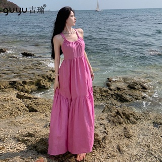 夏天度假洋裝【S-L】2023新款粉紫色掛頸式露背長洋裝 旅遊 休閒大擺蛋糕裙 外拍 寫真 藝術照洋裝