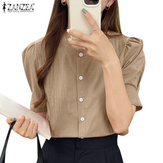 Zanzea 女式韓版時尚撞色條紋圓領短袖正面鈕扣襯衫