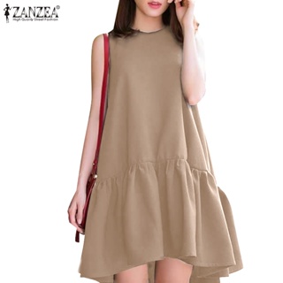 Zanzea 女式韓版時尚休閒無袖荷葉邊下擺純色魚尾連衣裙