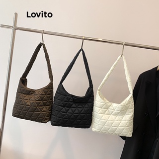 Lovito 女士休閒素色加墊拉鍊單肩托特包 L60AD152 (棕色/米白色/黑色)