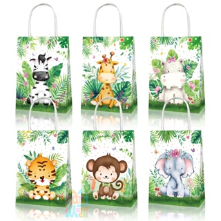12 件裝卡通動物禮品袋 獅子長頸鹿印花 兒童叢林生日派對裝飾