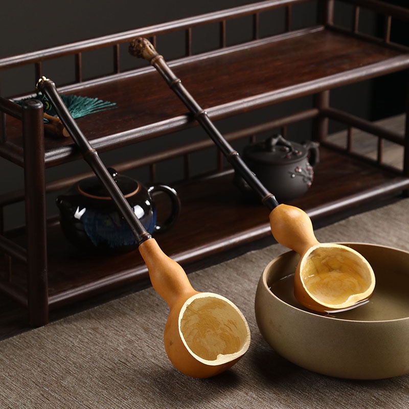 福祿水勺茶道分茶勺酒勺功夫茶具創意手工天然葫蘆中式水瓢紫竹柄