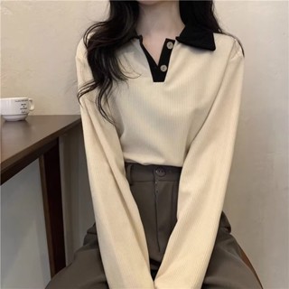 💕甜心大尺碼💕M-5XL 大尺碼春秋款polo領長袖t恤女清新學院風紐扣薄款ins小眾別致上衣