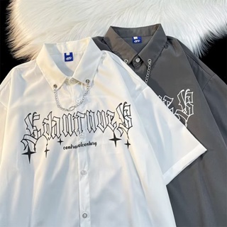 日本男士街頭嘻哈流行風格休閒襯衫字母印花超大垂墜襯衫