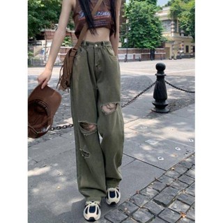 美式破洞牛仔褲辣妹風格夏季新款直筒寬鬆低腰闊腿復古洗水做舊褲子女