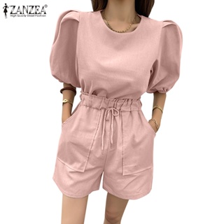 Zanzea 女式韓版休閒圓領泡泡袖上衣鬆緊腰口袋短褲兩件套