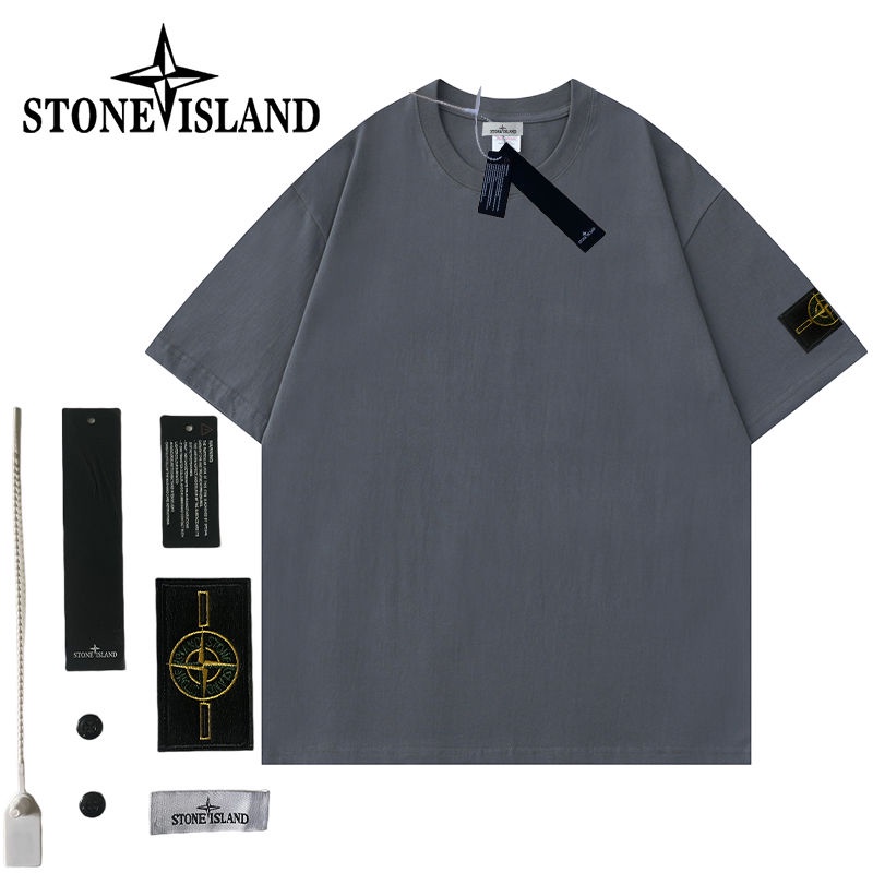 Stone Island刺繡徽章潮牌純色純棉短袖T恤男女寬鬆情侶領+吊牌