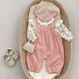 嬰幼兒女孩刺繡揹帶連身褲+長袖花花襯衫兩件套裝