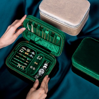 上品美創復古輕奢翡翠綠絲絨首飾盒戒指耳環多功能珠寶收納盒大容量飾品盒