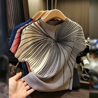 三宅一生衣服三宅皺褶休閒褶皺上衣氣質印花短袖壓褶T恤百搭顯瘦新款緊身顯瘦百搭上衣皺摺衣