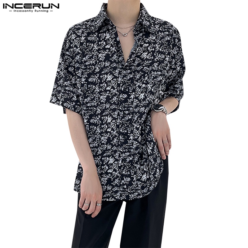 Incerun 男士韓版寬鬆休閒復古襯衫V領老繭短袖印花襯衫