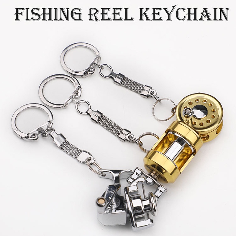金屬釣魚線輪鑰匙扣可曲柄魚線輪鑰匙扣迷你釣魚線輪工藝配件