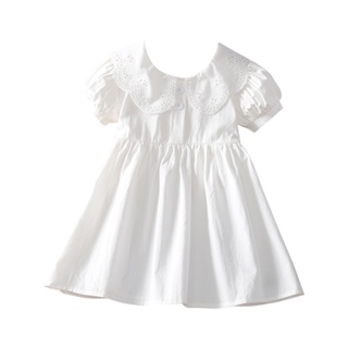 女童公主裙花瓣洋氣翻領白色裙子 90-160碼 夏季洋裝 新款兒童素色白裙子女童小女孩裙子64D05