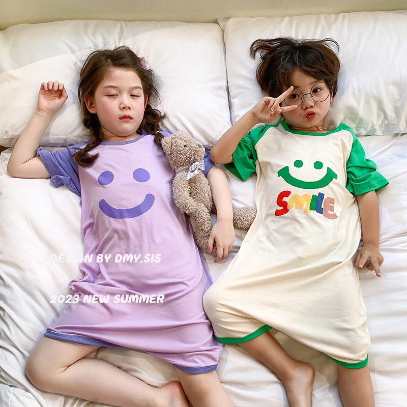 兒童睡衣 韓國夏天兒童莫代爾棉短袖2用襠分腿睡袋寶寶護肚睡衣家居服睡裙