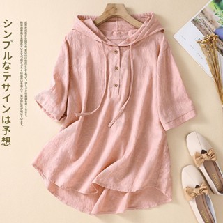 【🍒櫻桃大尺碼】M-3XL 大尺碼上衣 大碼棉麻短袖上衣女夏季薄款透氣連帽上衣大碼亞麻襯衫