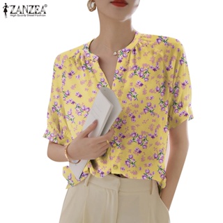 Zanzea 女式韓版時尚圓形 V 領繫帶鈕扣花卉印花襯衫