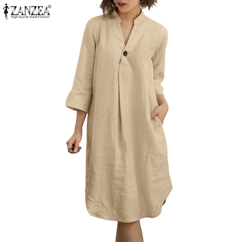 Zanzea 女式複古 V 領四分之三袖純色棉麻連衣裙