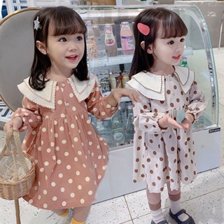 韓版女童洋氣公主裙 娃娃領女寶寶連身裙 長袖圓點甜美兒童洋裝 0-9歲