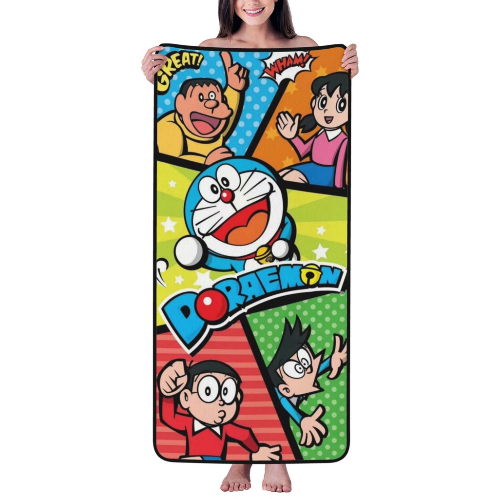 哆啦夢 哆啦a夢浴巾27x55英寸珊瑚絨柔軟吸水浴巾家用速乾浴巾沙灘巾