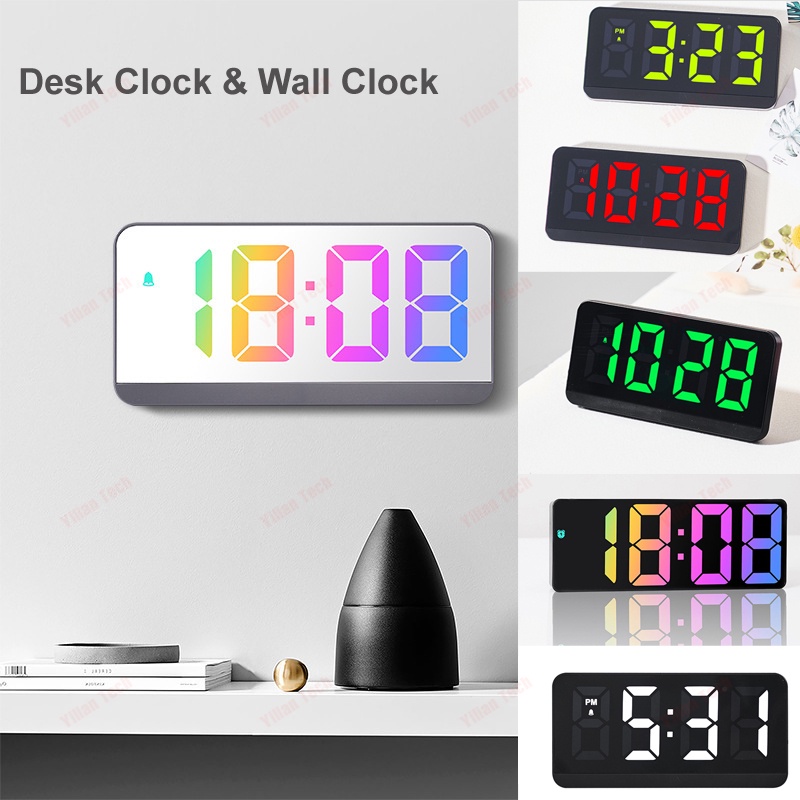 數字鬧鐘 RGB 變色 LED 掛鐘壁掛式溫度時間顯示表電子鐘桌面時鐘燈家居裝飾