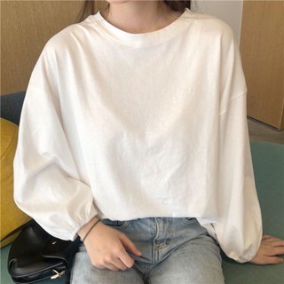 現貨 正韓100%純棉秋季新款寬鬆燈籠袖長袖T恤女 ins學院風百搭學院風減齡上衣