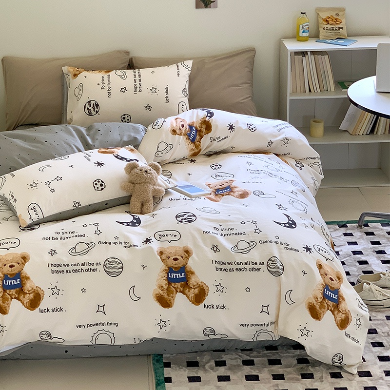 韓國可愛泰迪熊床包組 全棉四件組 100%棉 純棉床包組 卡通床包 精梳棉床包被套組 單人/雙人/加大雙人床包組ikea
