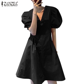 Zanzea 女式韓版日常泡泡袖短袖 V 領收腰連衣裙