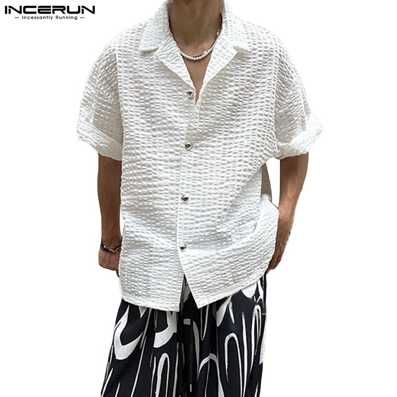 Incerun 男士韓版褶襉泡泡紋理短袖襯衫