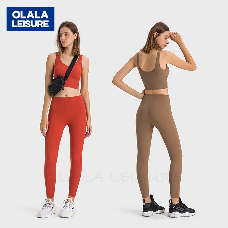 OLALA時尚防震跑步羅紋美背運動內衣+裸感塑型運動無T線防卷邊緊身顯瘦瑜伽褲套裝