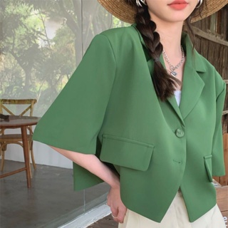❤熱銷推薦！綠色西裝外套女設計感小眾短版顯瘦休閒上衣夏季寬鬆高級感小西裝