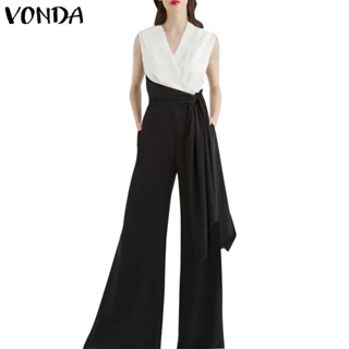 Vonda 女士復古常規口袋無袖 V 領高腰連身褲