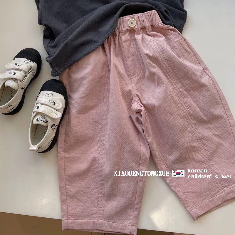 熱銷新款日韓夏季兒童薄款長褲純棉韓版寬鬆男女童素色粉紅色寶寶休閒透氣褲子