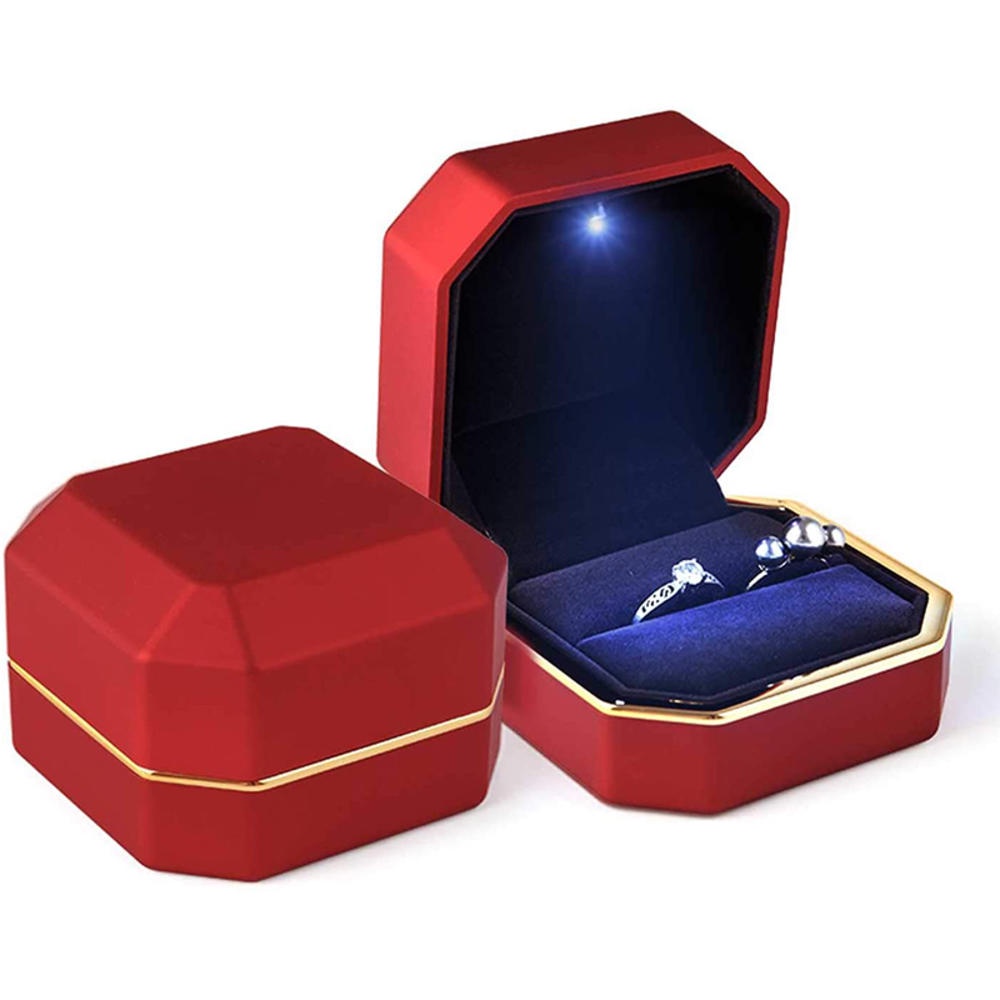 奢華戒指盒方形天鵝絨結婚戒指盒珠寶禮品盒帶 LED 燈求婚訂婚婚禮